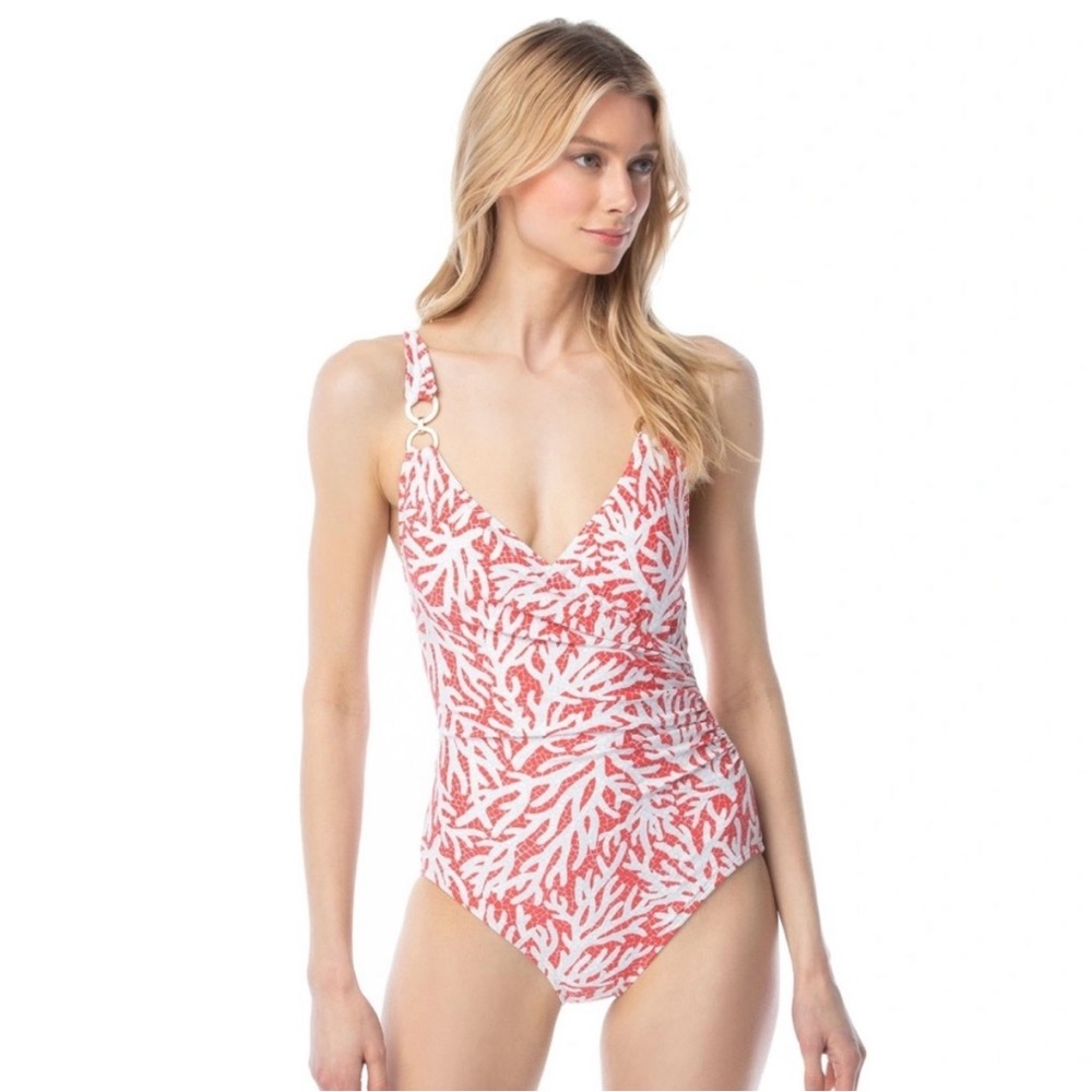 MICHAEL Michael Kors Mosaic Sea Coral Print Wrap Front One-Piece Swimsuit